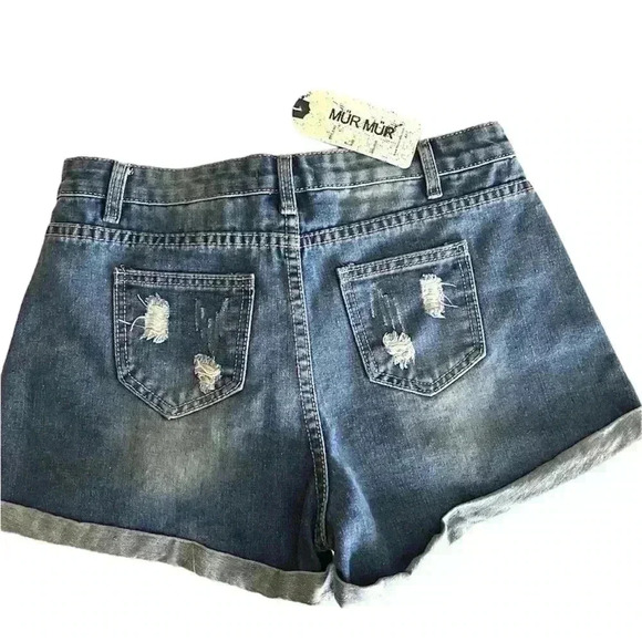 NWT Mur Mur Highrise Med Wash Distress Webbed Cuffed Denim Jean Shorts Size L - Picture 2 of 12